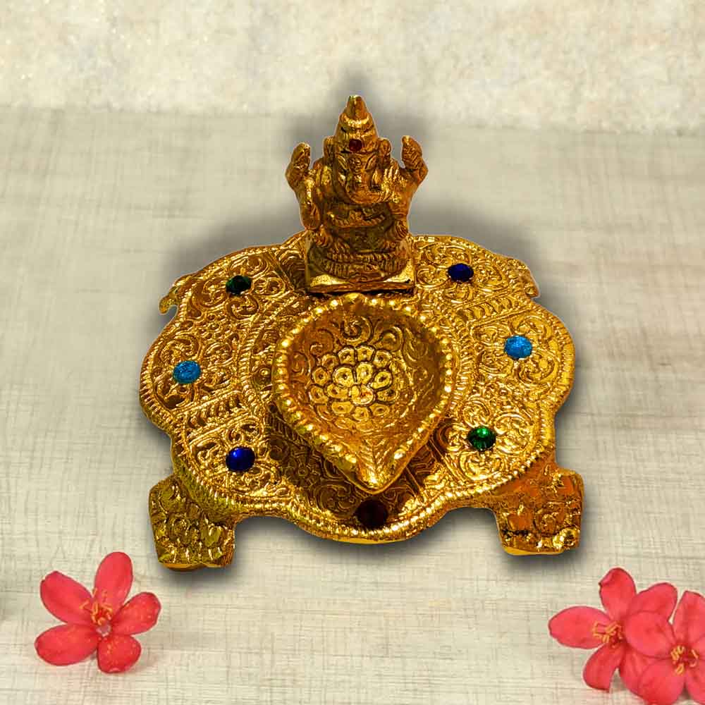 Golden Finish Ganesha Idol With Deepak